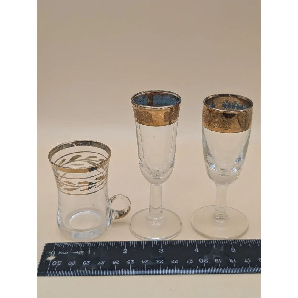 Vintage Gold-Rimmed Cordial Liqueur Glasses Moroccan Pair Aqua Inside Lot 3